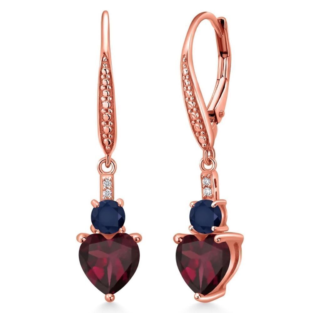 18K Rose Gold 3.73 Cttw Rhodolite Garnet and Blue Sapphire Heart Drop Earrings